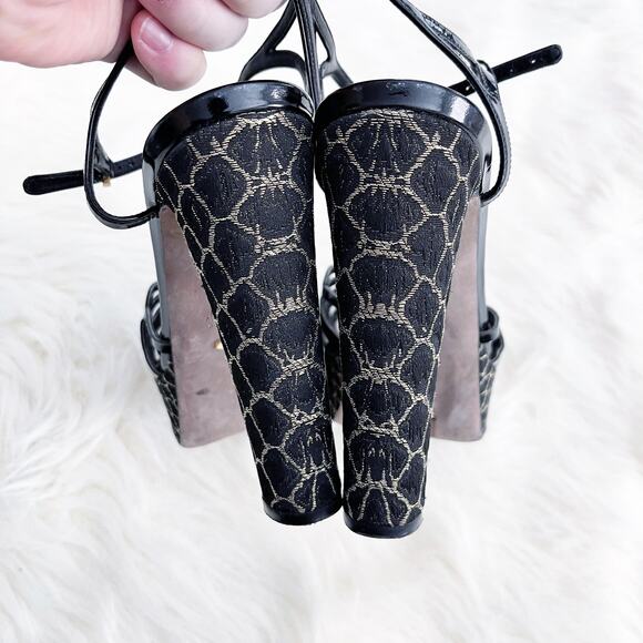 Sergio Rossi Black and Gold Textured Platform Sandals - Picture 9 of 11